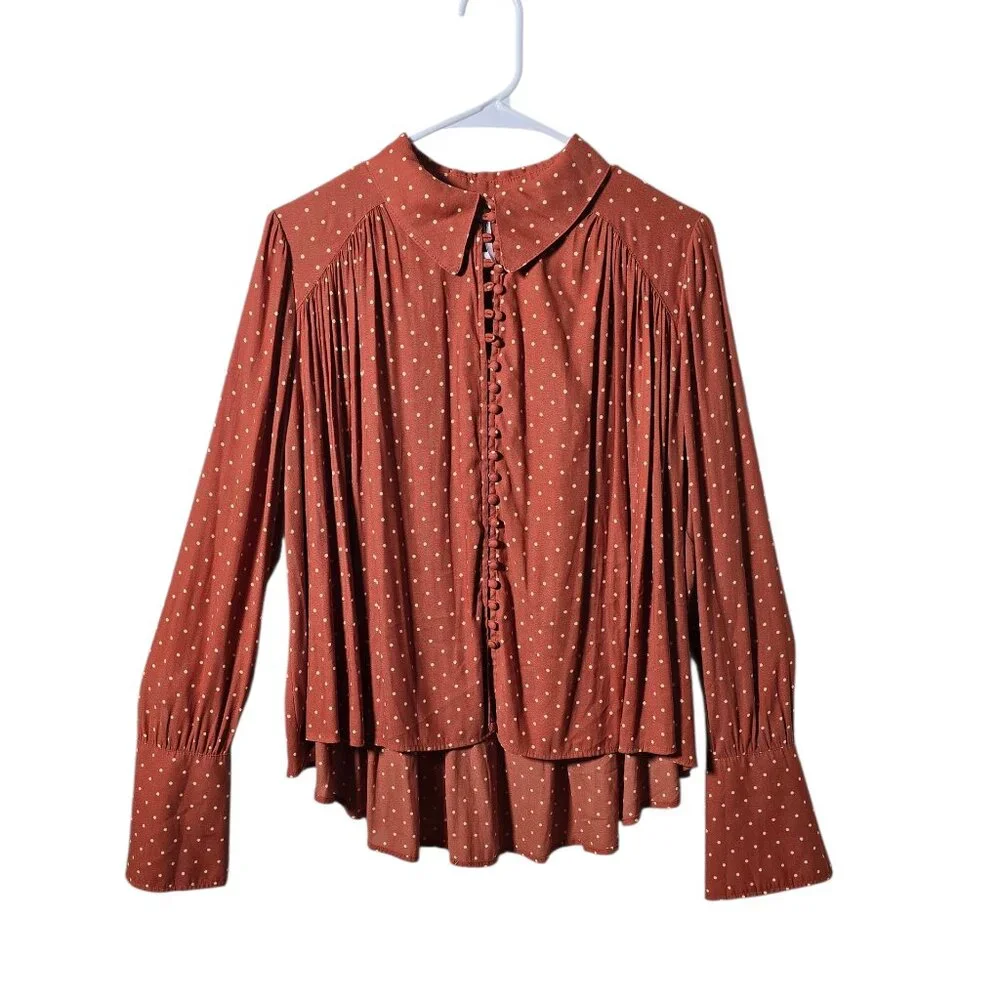 Free People Rust Polka Dot Blouse Small Romantic Boho Ruffle Button Top - Picture 1 of 11